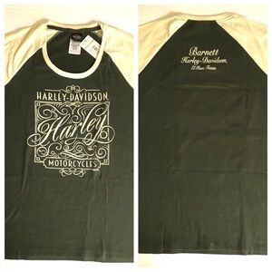 NWT Harley Green & Cream Raglan Sleeve Dealer Shirt MEDIUM Barnett, El Paso TX